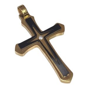 Cross pendant, gold / black, stainless steel, 52mm