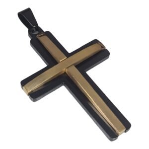 Cross pendant, black / gold, stainless steel, 60mm