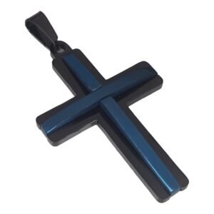 Cross pendant, black / blue, stainless steel, 60mm