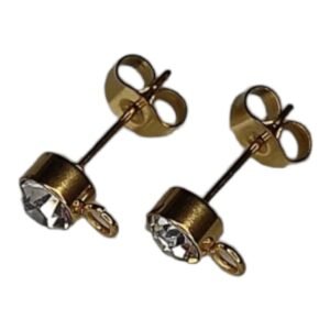 Earring stud pair w rhinestone & ring, stainless steel, 6mm, gold