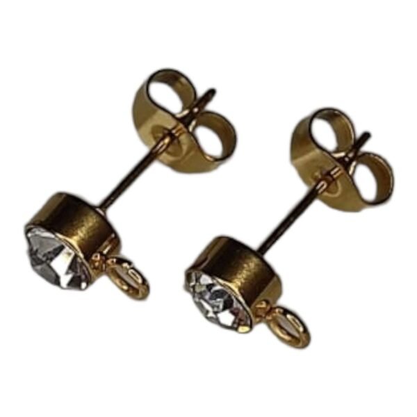 Earring stud pair w rhinestone & ring, stainless steel, 6mm, gold
