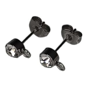 Earring stud pair w rhinestone & ring, stainless steel, 6mm