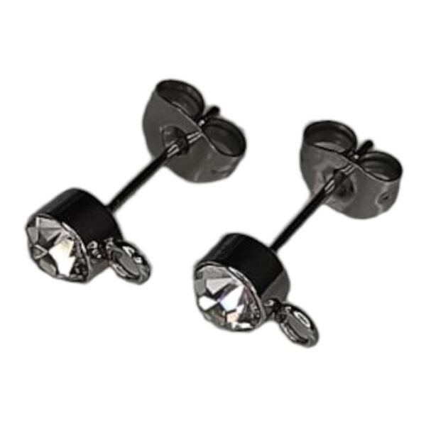 Earring stud pair w rhinestone & ring, stainless steel, 6mm