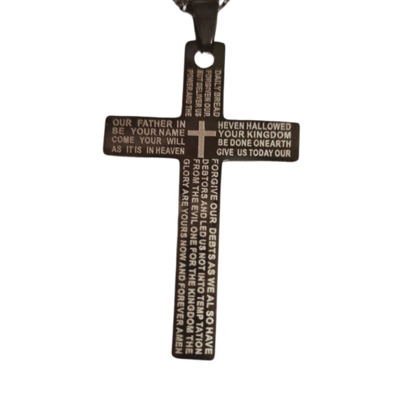 Black Cross pendant with silver prayer engraved on it - Image 2