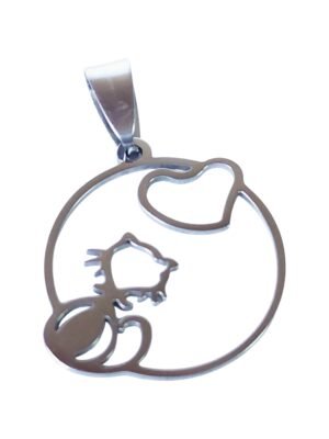Pendant in stainless steel with bail, Cat Love, 23mm