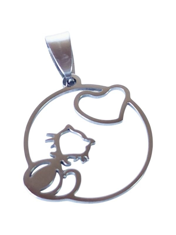 Pendant in stainless steel with bail, Cat Love, 23mm