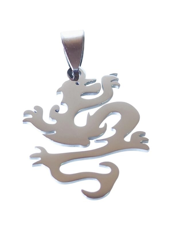 Pendant in stainless steel with bail, Dragon, 36mm