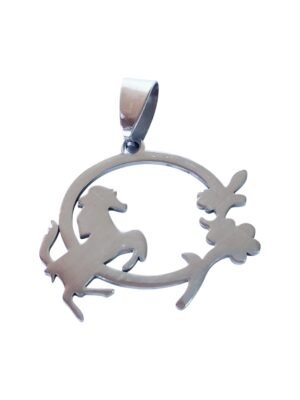 Pendant in stainless steel with bail, Horse and rose, 28mm