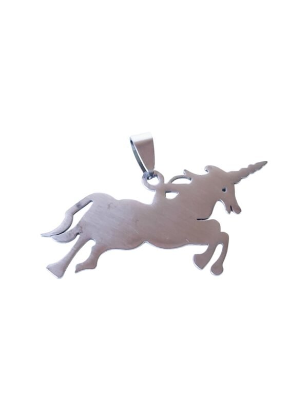 Pendant in stainless steel with bail, unicorn, 52mm