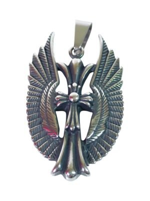 Pendant in stainless steel, Cross and wings, 53mm