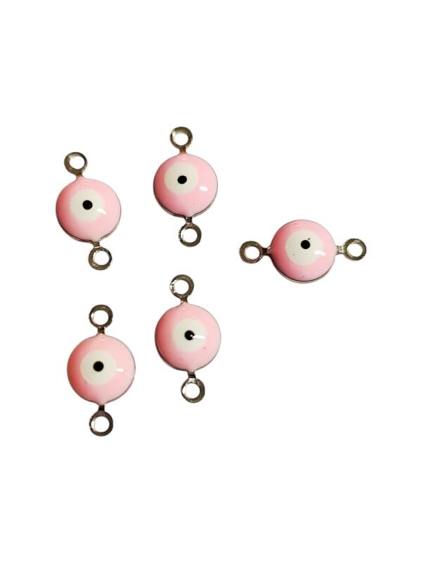 Pink evil eye cabochon link connector in stainless steel