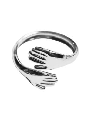 Overlapping hands ring in stainless steel adjustable