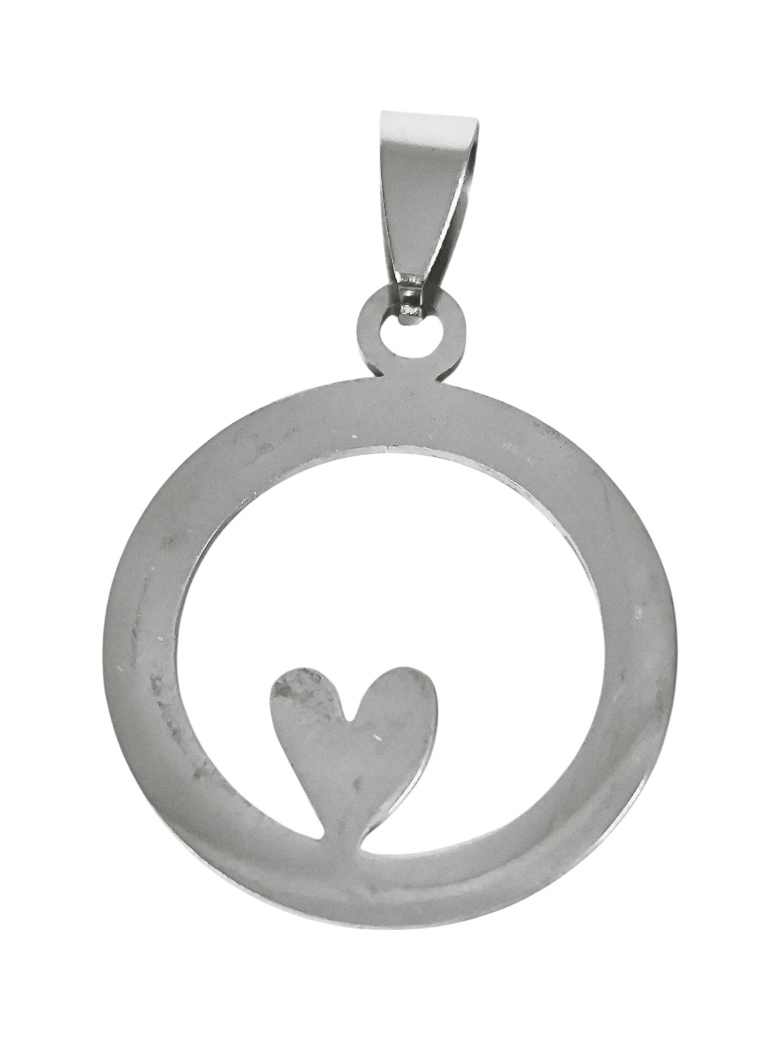 Small heart in circle pendant in stainless steel