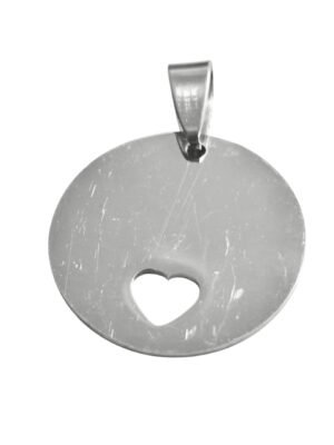 Circle tag with heart punch-out pendant in stainless steel.