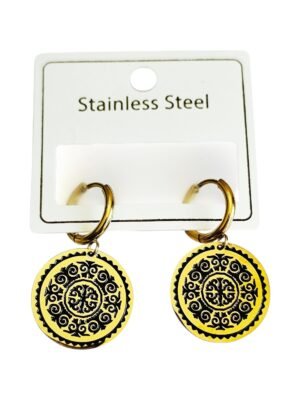 Stainless Steel Decorated Disc Earrings, 35mm gold or silver