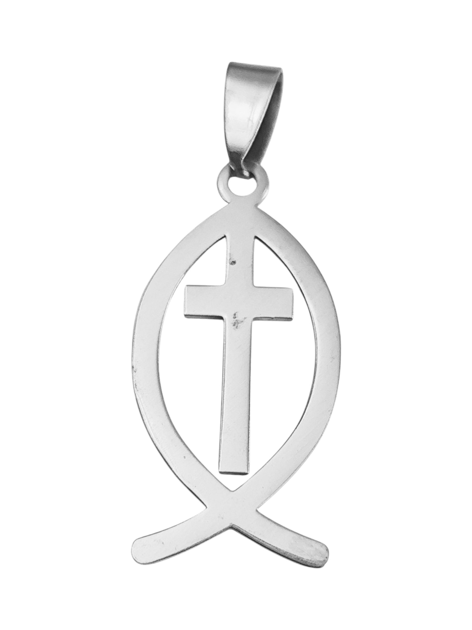 Cross in Fish Pendant in Stainless Steel, 34mm excl bail
