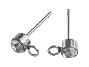 Earring stud pair with CZ & loop, stainless steel, 4.2mm