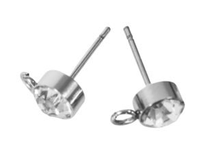 Earring stud pair with CZ & loop, stainless steel, 6mm