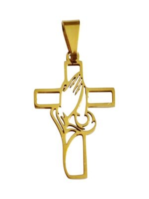 Cross with praying hands in stainless steel pendant, 25mm (Gold)