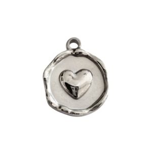 3D heart in circle charm in stainless steel, 15mm