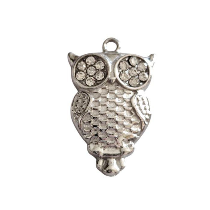 Owl charm with inlaid CZ stones, 17mm