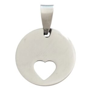 Circle tag with heart punch-out pendant in stainless steel. 20mm