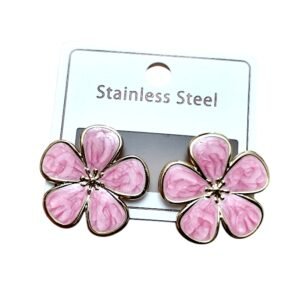 Pink Flower Gold Stainless Steel Earrings, 26mm