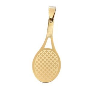Gold Stainless Steel tennis racket pendant, 40mm excl bail