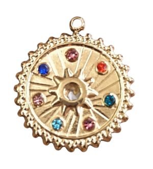 Gold Stainless Steel radiating disk pendant with coloured CZ stones, 19mm