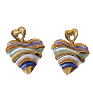 Statement Wave Heart Drop Earrings – Gold-Tone Stainless Steel with Pastel Enamel (53mm)