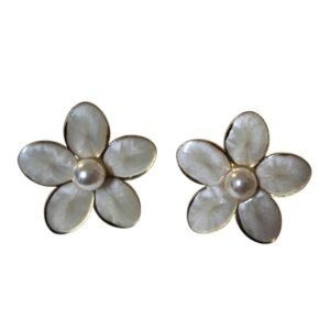 Pearlescent White Floral Stud Earrings – Gold-Tone Stainless Steel with Pearl Center (25mm)