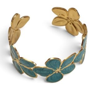 Teal Enamel Flower Garland Cuff Bangle – Gold Stainless Steel