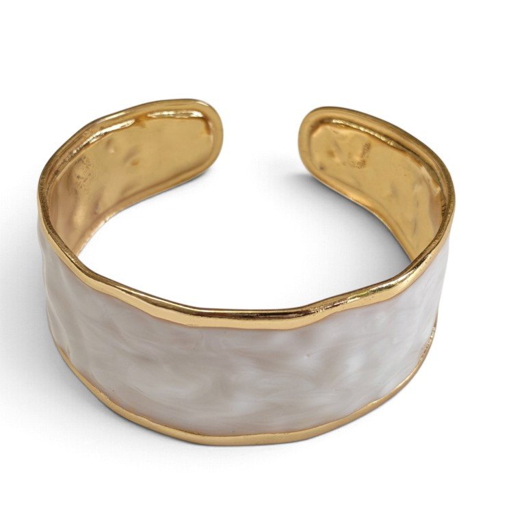 Organic Ripple Marbled White Enamel Cuff Bangle – Gold Stainless Steel