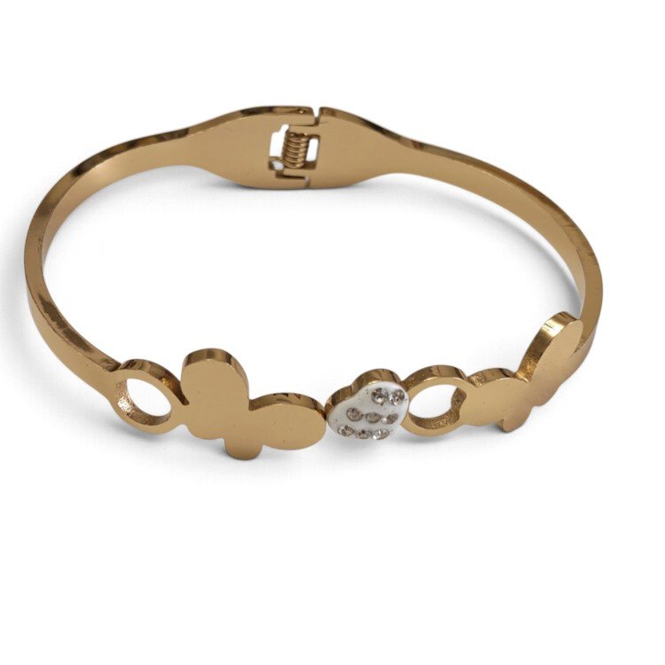 Butterfly Silhouette Hinged Bangle with Crystal Accent Charm – Gold Stainless Steel