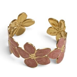 Dusty Rose Enamel Flower Garland Cuff Bangle – Gold Stainless Steel