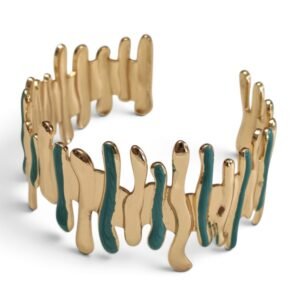 Abstract Melted Drip Statement Cuff Bangle – Gold-Tone Stainless Steel with Teal Enamel