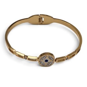 Evil Eye Pavé Crystal Disk Hinged Bangle – Gold Stainless Steel
