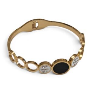 Open-Circle Statement Bangle with Crystal & Onyx-Black Inlay – Gold-Tone Stainless Steel