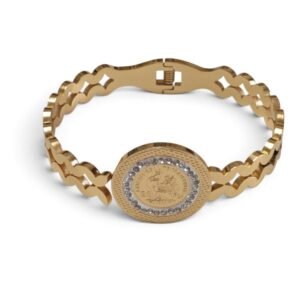 French Coin Medallion Pavé Crystal Hinged Bangle – Gold Stainless Steel