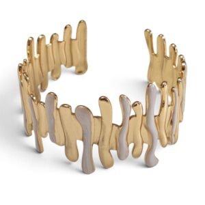 Abstract Melted Drip Statement Cuff Bangle – Gold-Tone Stainless Steel with white Enamel