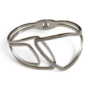 Geometric Crossover Hinged Bangle with Pavé Crystals – Stainless Steel