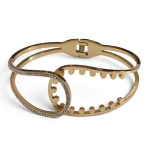 Gold Stainless Steel Cutout Crystal Interlocking Hinged Bangle Bracelet