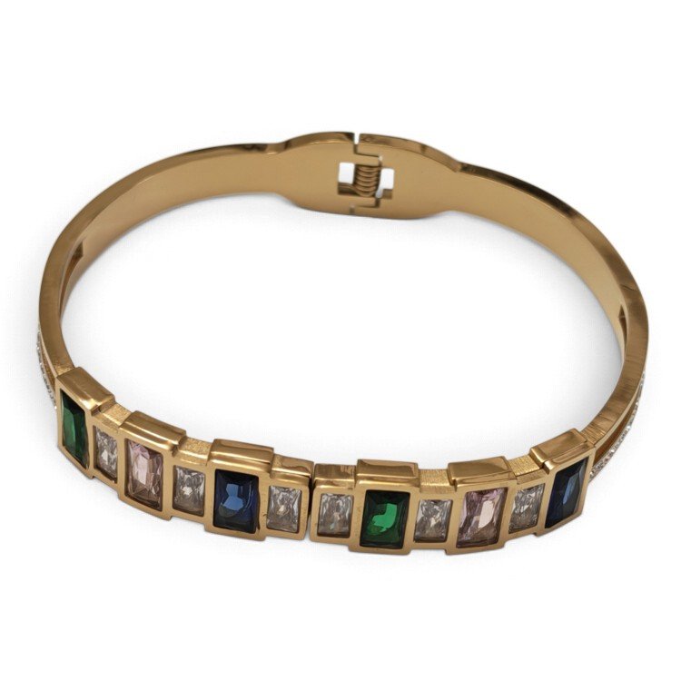 Geometric Emerald-Cut Jewel Hinged Bangle – Gold-Tone Stainless Steel