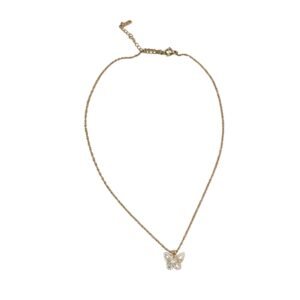 Gold Stainless Steel Pave Cubic Zirconia Butterfly Pendant Necklace