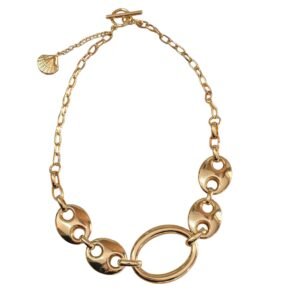 Gold Stainless Steel Chunky Mariner Link Collar Necklace with Oval Ring Centerpiece