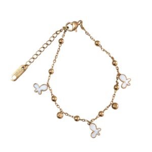 White Enamel Butterfly Charm Beaded Chain Bracelet in Gold-Tone Stainless Steel